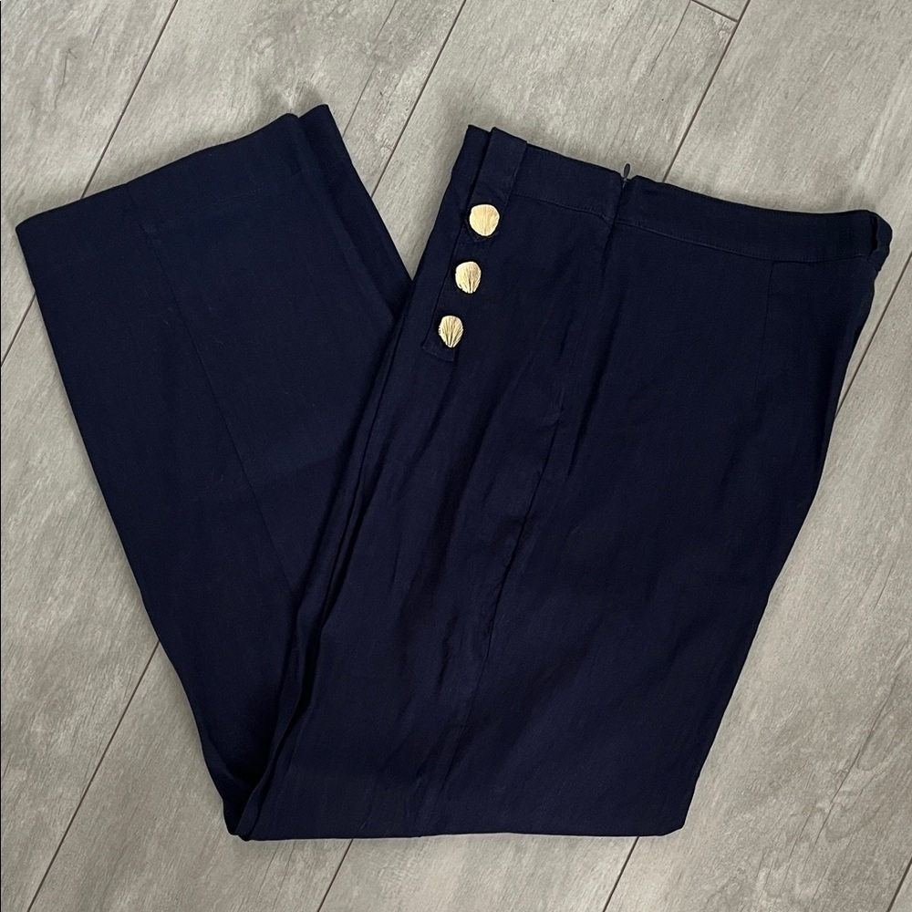 H by Halston NWOT Navy Linen Sailor High Waist Trousers Gold Button, Size 10